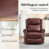 Genuine Leather Recliner Chair for Adults, Manual Swivel Rocker Glider Rocking Chair with Vibration Massage Lumbar Heat for Nursery, Rivet Design Single Sofa Chair for Living Room - Burgundy Red