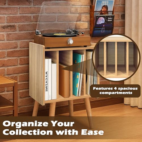 Record Player Stand, Vinyl Record Storage Table with 4 Cabinet, Mid Century Modern Turntable Stand, Organizer Vinyl Table for Bedroom Living Room, Oak Montex