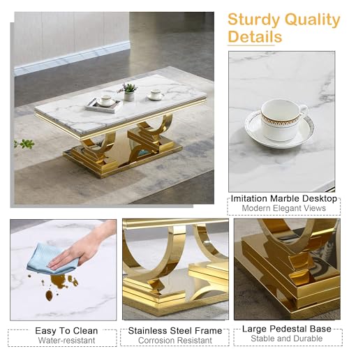 Goujxcy Coffee Tables Set of 4 for Living Room, Marble Console Table & Coffee Table and 2 End Tables Set, Faux Marble Top&Gold O-Shape Steel Base, 4 Pieces Living Room Table Sets for Apartment Office Goujxcy