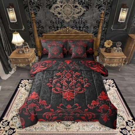 Erosebridal Black Red Gothic 7 Pcs Comforter Set King Size,Vintage Boho Damask Floral Bed in A Bag,Bohemian Exotic Goth Bedding for Kids Adults Victorian Baroque Flower Sheet Set Erosebridal