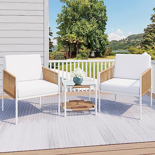 JAMFLY Outdoor Patio Furniture Set 3 Piece, Rattan Furniture Conversation Set, Small Wicker Patio Furniture Set for Porch, Backyard, Balcony with Soft Cushions and Glass Table - WoodArtSupply