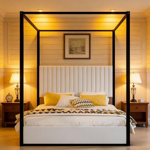 RuiSiSi Queen Size Canopy Bed with Upholstered Headboard, Metal 4-Poster Canopy Bed, Low Profile Platform Bed Frame for Teens, Adults, No Box Spring Needed, Black