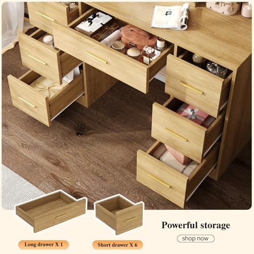 47'' W Large Vanity Desk with Mirror and Lights, 8 Storage Shelves 7 Drawers Vanity Table, Big Makeup Vanity Desk with 3 Lighting Modes, Vanity Dresser with Charging Station, Sliding Mirror (Natural) knoworld