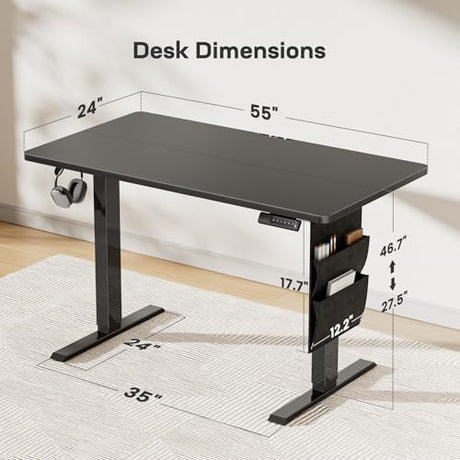 Marsail 55x24 Electric Standing Desk - Adjustable Height Computer Desk with Memory Presets, Storage Bag & Cable Management for Home Office & Gaming Workstations Marsail