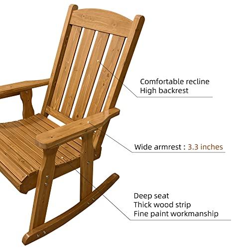 Wooden Rocking Chair with Comfortable Backrest Inclination, High Backrest and Deep Contoured Seat, Solid Fir Wood, Heavy Duty 600 LBS, for Both Outdoor and Indoor, Backyard, Porch and Patio - WoodArtSupply