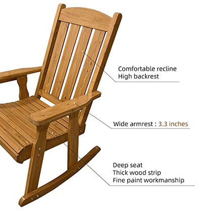 Wooden Rocking Chair with Comfortable Backrest Inclination, High Backrest and Deep Contoured Seat, Solid Fir Wood, Heavy Duty 600 LBS, for Both Outdoor and Indoor, Backyard, Porch and Patio - WoodArtSupply