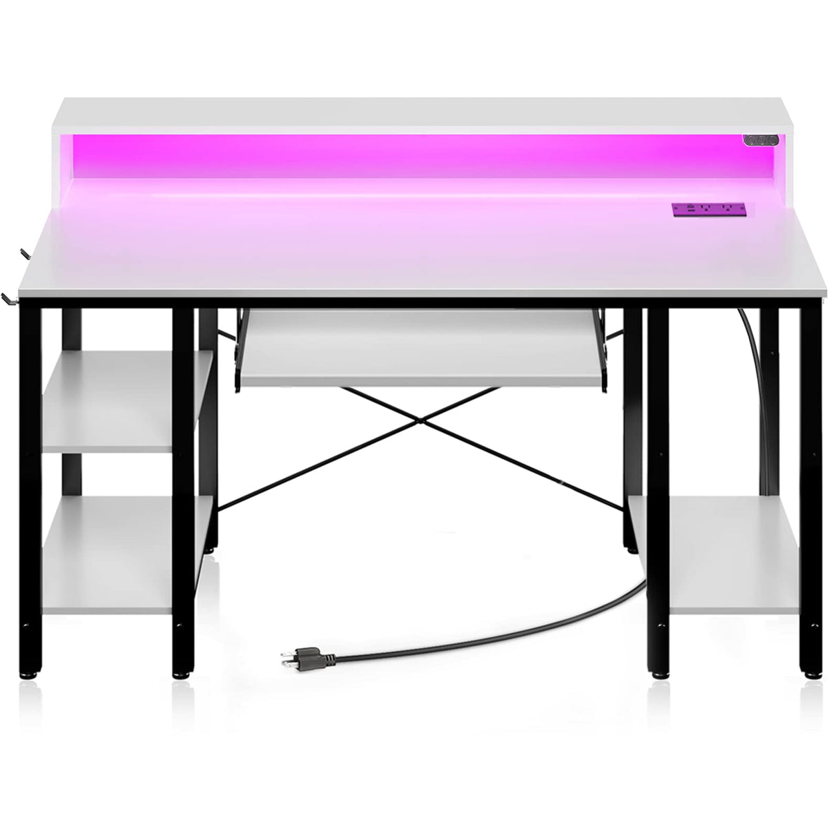 Rolanstar Computer Desk 55 inch with LED Lights & Power Outlets, Gaming Desk with Storage Shelves, Home Office Desk with Keyboard Tray, Writing Desk with Monitor Stand, Study Desk, White Rolanstar