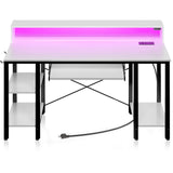 Rolanstar Computer Desk 55 inch with LED Lights & Power Outlets, Gaming Desk with Storage Shelves, Home Office Desk with Keyboard Tray, Writing Desk with Monitor Stand, Study Desk, White Rolanstar