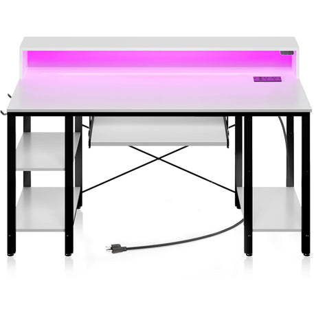 Rolanstar Computer Desk 55 inch with LED Lights & Power Outlets, Gaming Desk with Storage Shelves, Home Office Desk with Keyboard Tray, Writing Desk with Monitor Stand, Study Desk, White Rolanstar