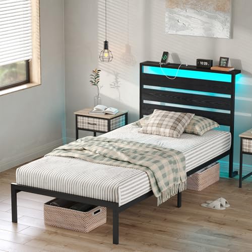 CollaredEagle Bed Frame with Headboard and Footboard,Heavy Duty Steel Slats Support Metal Bed Frame with Charging Station (Black, Twin) CollaredEagle