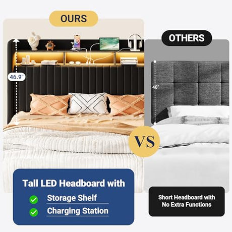 Allewie King Size Lift Up Hydraulic Storage Bed Frame, 2-Tier Shelf Headboard with LED Lights and Charging Station, USB and Type C Ports, Wingback Velvet Headboard, No Box Spring Needed, Black Allewie