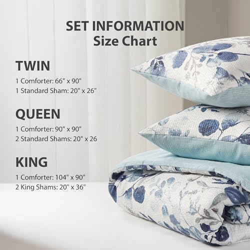 Regency Heights Lightweight Seersucker Botanical Queen Size Comforter Set, 3 Pieces Reversible Design Bed Comforter, Premium Microfiber Bedding Set, Comforter and Shams Set, Blue Regency Heights