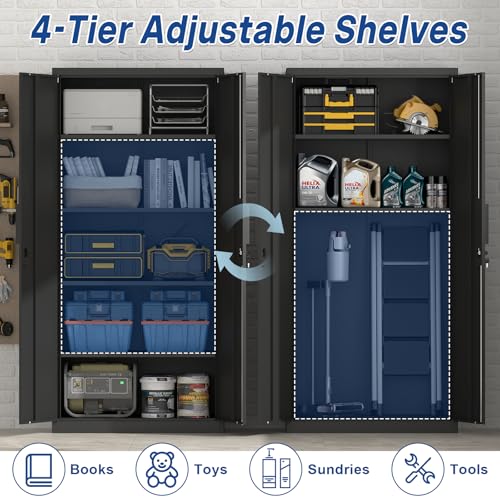 FATIGOS 72''H Tall Metal Garage Storage Cabinet with Lock, Metal Storage Cabinets with Doors and 4 Adjustable Shelves, Heavy Duty Steel Locker for Garage, Warehouse, Home Office, Black FATIGOS