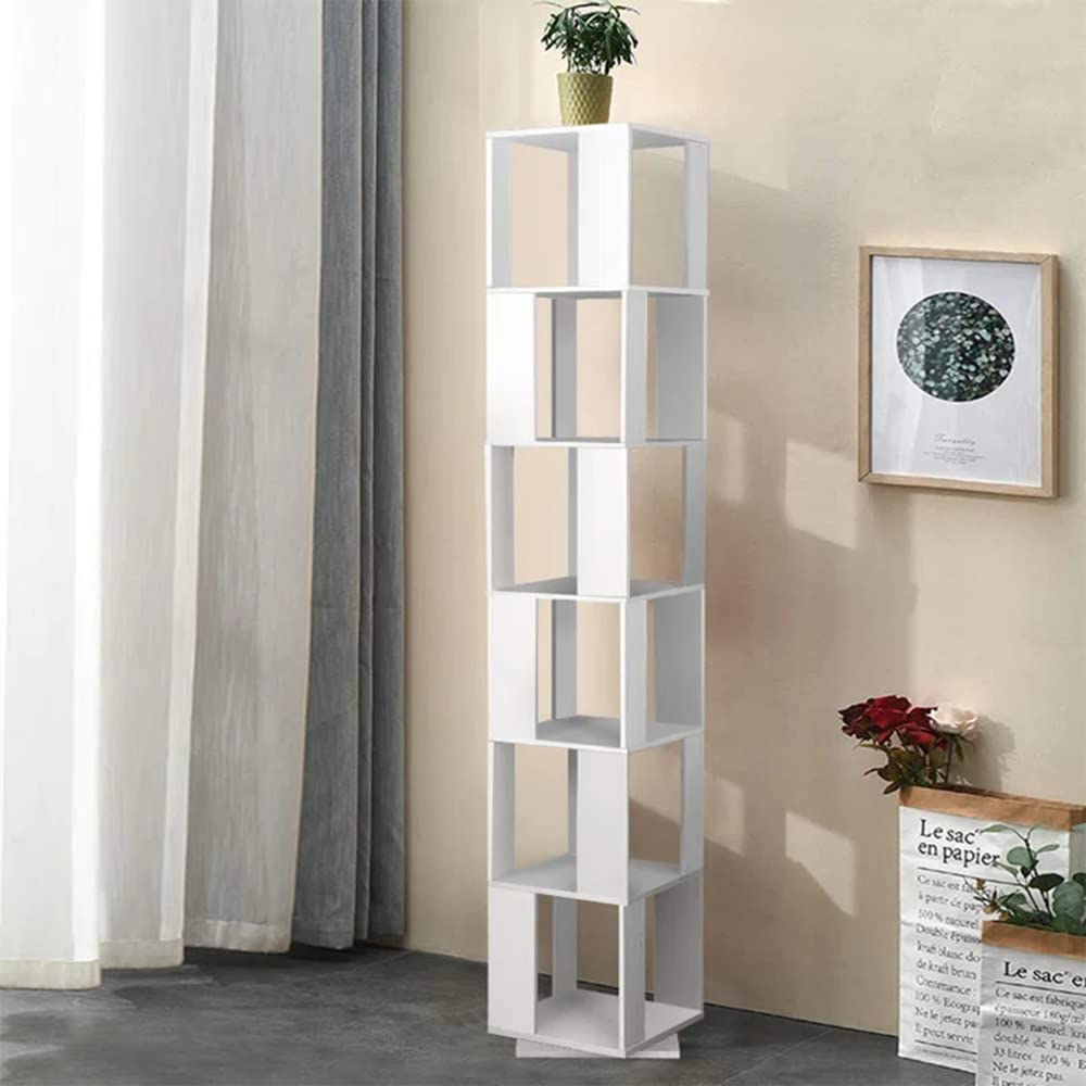 Saadiya 6-Tier 360° Rotating White Floor Standing Bookshelf for Small Spaces - WoodArtSupply