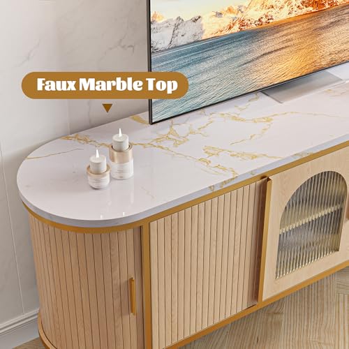 MXV 70" Fluted TV Stand for TVs up to 80", Mid Century Modern Entertainment Center with Sliding Doors & Glass Door, TV Console Table with Faux Marble Top for Living Room, Oak MXV