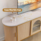 MXV 70" Fluted TV Stand for TVs up to 80", Mid Century Modern Entertainment Center with Sliding Doors & Glass Door, TV Console Table with Faux Marble Top for Living Room, Oak MXV