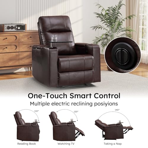 ANJ Home Theater Seating Power Recliner with Hidden Arm Storage, Single Faux Leather Recliners with Tray Table, Electric Movie Reclining Chairs with USB Ports & Cup Holders for Media Room, Brown
