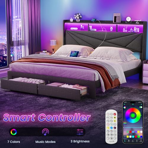 Driftalia King Size Bed Frame with 2-Tier Storage Headboard, Upholstered King Bed Frame with 2 Drawers, Charging Station and LED Lights, No Box Spring Needed, Easy Assembly - Dark Grey Driftalia