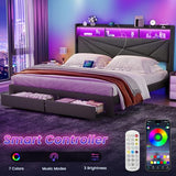 Driftalia King Size Bed Frame with 2-Tier Storage Headboard, Upholstered King Bed Frame with 2 Drawers, Charging Station and LED Lights, No Box Spring Needed, Easy Assembly - Dark Grey Driftalia