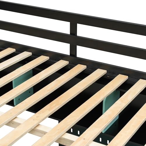 Merax Full Size Wood Loft Bed with Desk, Storage Shelves and Pegboard, Gaming Loft Bed with Light and USB Ports, Black+Blue Wooden Bed Frame Merax