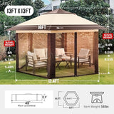 CROWN SHADES 13x13 Pop Up Gazebo with Mosquito Nettings, Patented Center Lock 6-Sided Portable Gazebo, 300D Silver-Coated Fabric UV Resistant, Pop Up Canopy Tent for Patio, Party, Beige&Coffee CROWN SHADES