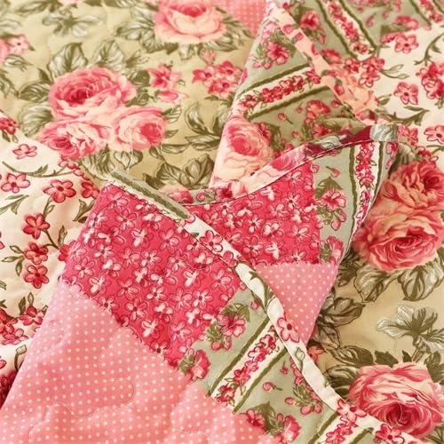 Cmfshape Summer Floral Queen Quilted Bedspread,Romantic Pink Quilt Set Full,Reversible Stitched Bedding Set All Season,Soft Lightweight Coverlet with Pillow Cases (Hot Pink&Rose, Queen90 x90) Cmfshape