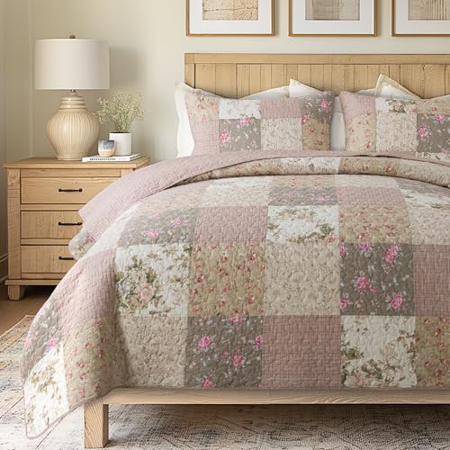 SLPR Secret Garden Patchwork Cotton Pieced Quilt Set - King with 2 Shams, Country Shabby Chic Bedding with Flower Pattern, Pink Floral Farmhouse Quilted Bedspread for All Seasons SLPR