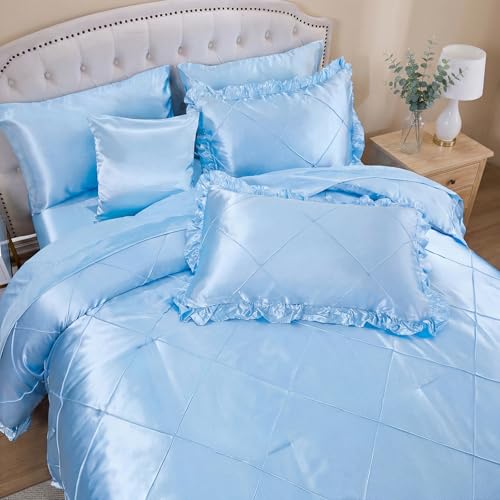 Silk Like Comforter Set Queen Satin Bedding Set Silky Bed in a Bag 8 Pcs with 1 Cushion Cover Pinch Pleat Bed Set Luxury Elegant Silky Ruffle Comforters Bedding_Dreamer