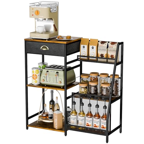 Rustic Brown Coffee Bar Cabinet with Drawer - 3-Tier Coffee Stand Station for Small Spaces