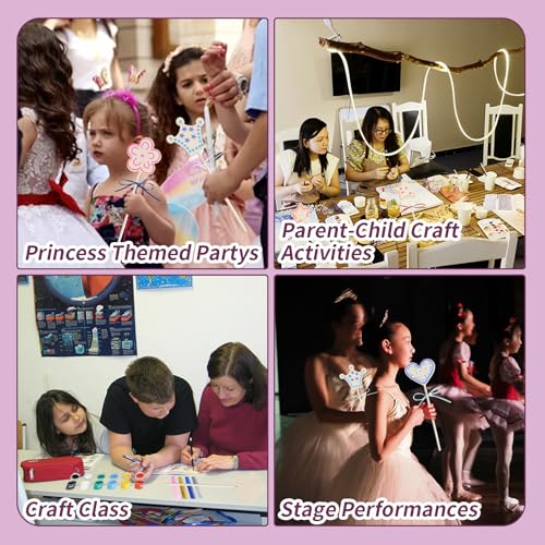 WATUNID 56Pcs Princess Fairy Wands Kit, 4 Styles Unfinished Wooden Fairy Wand with Gem Stickers, Paint, Ribbons, Make Your Own Princess Wand Craft Kits, DIY Art Magical Show Party Supplies for Girls WATUNID