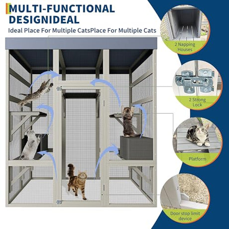 70" Large Outdoor Catio Cat Enclosure, Wood Cat Patio with Waterproof UV-Resistant Roof, Cats Shelter with 5 Platforms and 2 Resting Box, and Secure Rust-Proof Wire for Backyard or Patio IDEALHOUSE