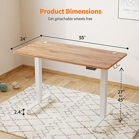 Cubiker 55 x 24 Inch Standing Desk, Stand up Height Adjustable Home Office Electric Table, Sit Stand Desk with Splice Board, White Frame & Light Rustic Brown Desktop Cubiker