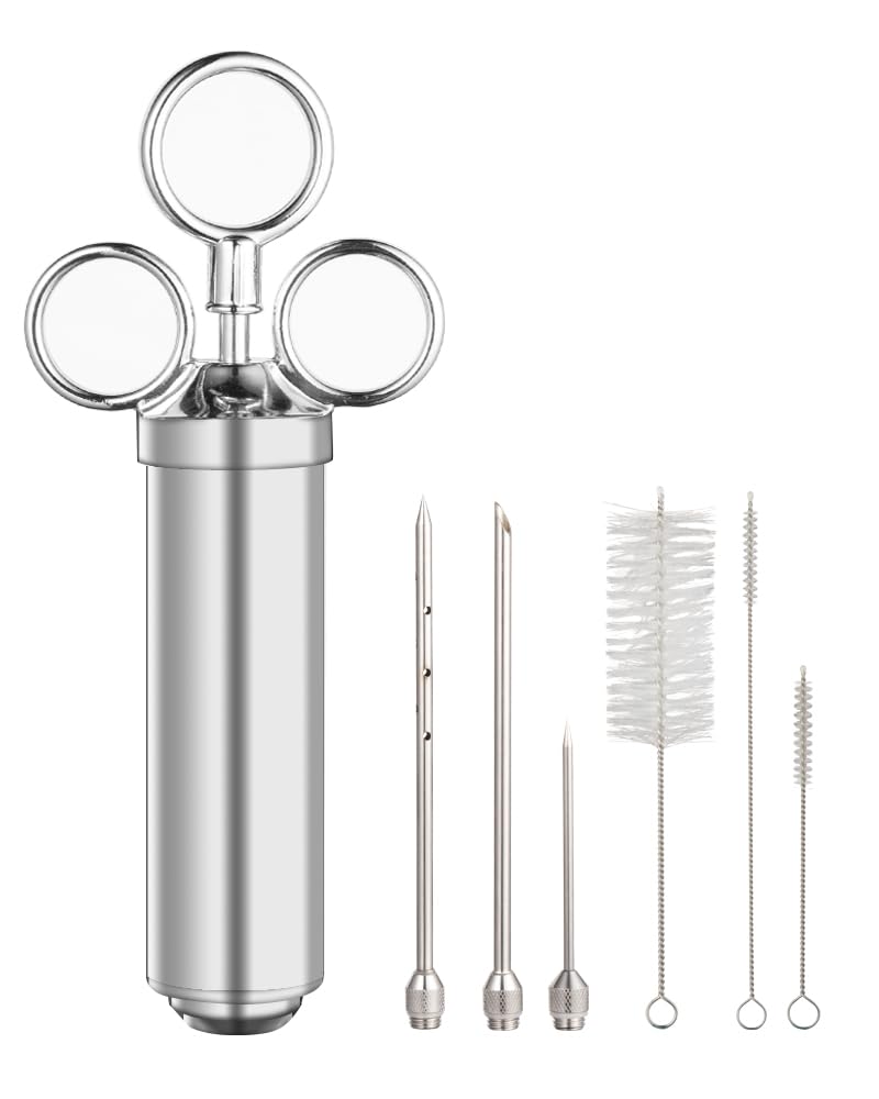 Brigii Meat Injector Syringe, 2oz Turkey Injector Seasoning, 304-Stainless Steel Seasoning Injector with 3 Marinade Needles and 3 Cleaning Brushes for Smoked BBQ Grilling Brigii
