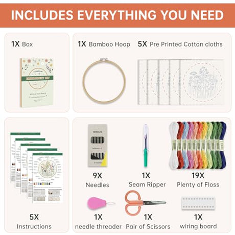 CYANFOUR 5 Pack Beginner Embroidery Kit for Adults, Easy to Learn Floral Embroidery Patterns from Video & Instruction, Needlepoint Kits for Adults Include Embroidery Hoop, Colorful Threads, Tools CYANFOUR