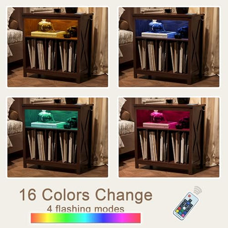 ChooChoo Large Record Player Stand with Charging Station & LED Light, Vinyl Record Holder hold up to 300 Albums, Farmhouse End Table for Bedroom, Living Room, Walnut ChooChoo