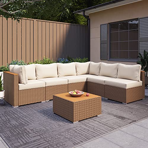 LAUSAINT HOME Outdoor Patio Furniture, 7 Piece Patio Furniture Set PE Rattan Sectional Conversation Sets with Thick Cushions & Wood-Like Coffee Table for Garden, Porch(Beige/Brown Wicker) - WoodArtSupply