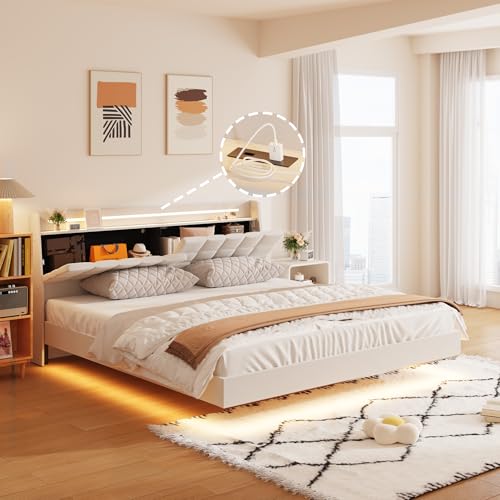 USHOW Floating Bed Frame King Size with Storage Headboard, Upholstered Bed Frame with LED Lights and Charging Station, No Box Spring Needed, Beige USHOW