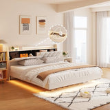 USHOW Floating Bed Frame King Size with Storage Headboard, Upholstered Bed Frame with LED Lights and Charging Station, No Box Spring Needed, Beige USHOW