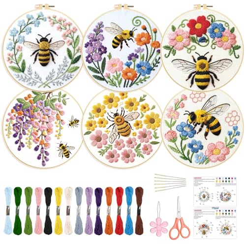 ORIGACH 6 Pack Bees & Flowers Embroidery Kits for Beginners, DIY Starter Hand Embroidery Kit with Floral & Bees Patterns and Instructions for Adults Women Crafting
