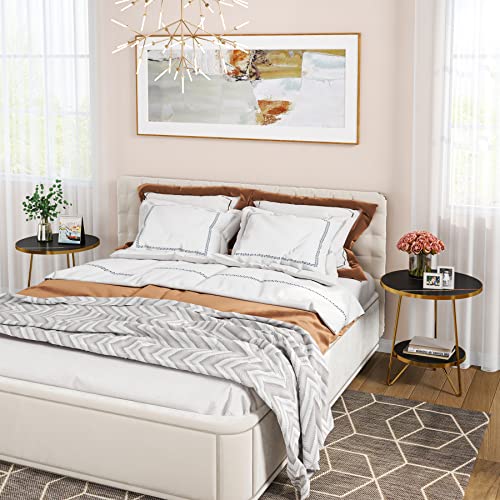 Tribesigns Faux Marble End Table, 2 Tier Round Side Table with Shelves, Modern Black Nightstand Bedside Table Small Coffee Accent Table for Living Room Bedroom, Black and Gold Tribesigns