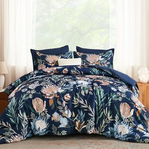 Luxudecor King Comforter Set 7 Pieces Bedding Sets, Navy Blue Floral Comforter and Sheet Set, Soft Microfiber Bed in a Bag for All Seasons (Navy Blue,104"x90") Luxudecor