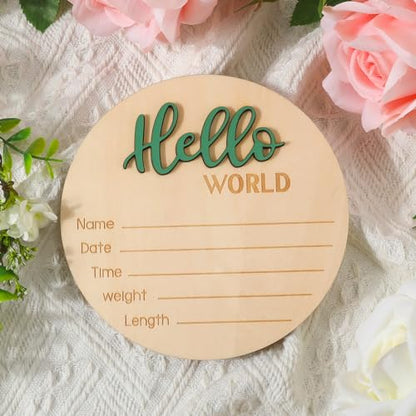 Baby Announcement Sign, 5.9 Inch Wooden Hello World Newborn Welcome Sign Birth Baby Name Plaques for Photo Props Baby Shower Hospital Nursery(Green) - WoodArtSupply