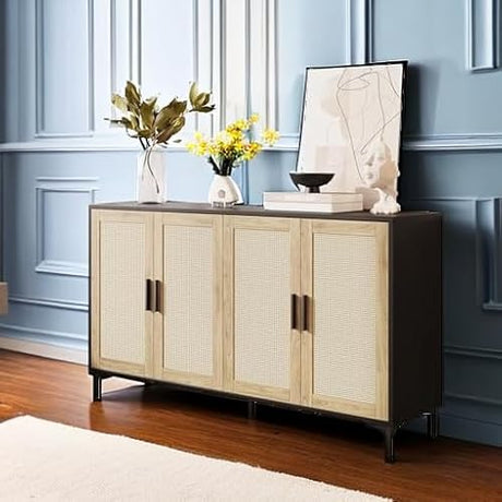 JASIWAY Sideboard - Buffet Cabinet with Storage, Rattan Kitchen Buffet Cabinet Accent Sideboard Cabinets with Doors, Coffee Bar Cabinets Rattan Sideboards for Living Room, Entryway, Black JASIWAY