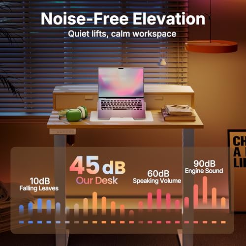 HUANUO 32 x 21 inch Small Electric Standing Desk with 2 Drawers, C-Clamp Mount Compatible, Height Adjustable Sit Stand Desk, Home Office Stand Up Desk with 4 Memory Height Settings, Light Walnut HUANUO
