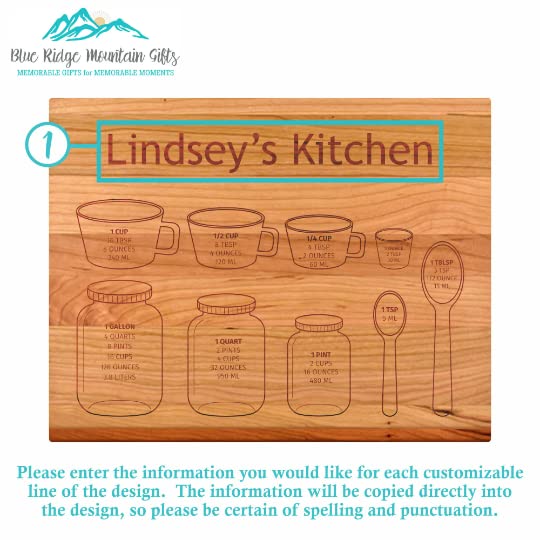 Blue Ridge Mountain Gifts Personalized Cutting Board - Laser Engraved Wooden Chopping Boards, Measurement Conversions for Counter Display and use - WoodArtSupply