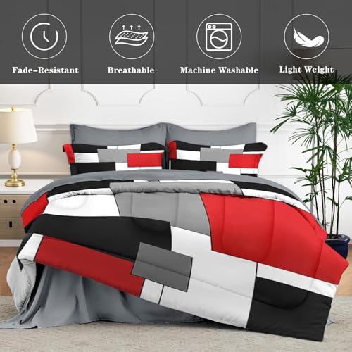 WeCozy 7 Pcs Queen Size Comforter Set with 2 Pillowcases & 2 Shams, Red and Black Geometric Bedding for Kids and Adults, Abstract Gray Bed in a Bag with Flat Fitted Sheet WeCozy