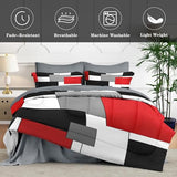 WeCozy 7 Pcs Queen Size Comforter Set with 2 Pillowcases & 2 Shams, Red and Black Geometric Bedding for Kids and Adults, Abstract Gray Bed in a Bag with Flat Fitted Sheet WeCozy