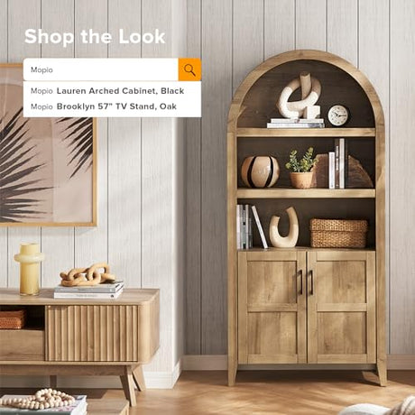 mopio Lauren 65.4" Short Arched Cabinet, 5-Tier Arched Bookcase with Doors and Shelves, Mini Arched Bookshelf with Storage, Kitchen Pantry Cabinet, Wooden Storage Cabinet for Living Room (Oak) mopio
