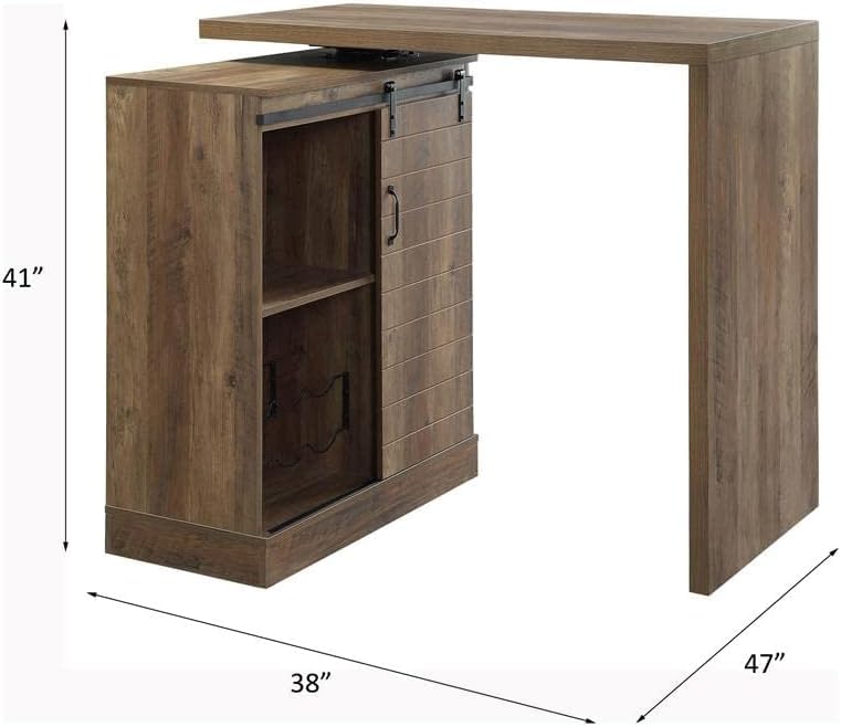 Acme Quillon Rustic Oak Wooden Bar Table with Swivel Top and Wine Rack - WoodArtSupply