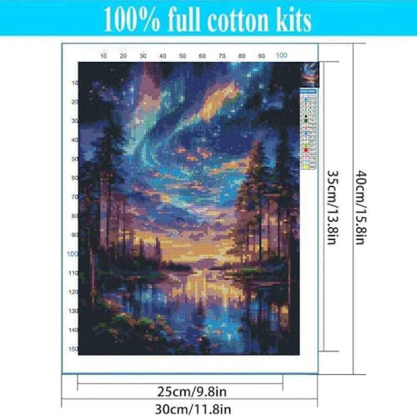 Starry Night Stamped Cross Stitch Kits for Adults - Lake Tree Embroidery Kits for Beginners Adults,11 CT Patterns Dimensions Counted Cross Stitch Kits for Adults Arts Craft 12x16 inch Tiwabb